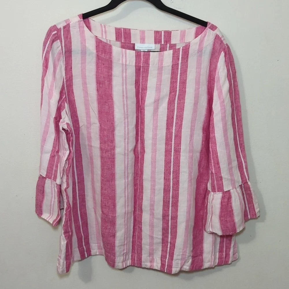 Charter Club 100% Linen Blouse Pink + White Striped 3/4 Sleeve Ruffle Size PXL